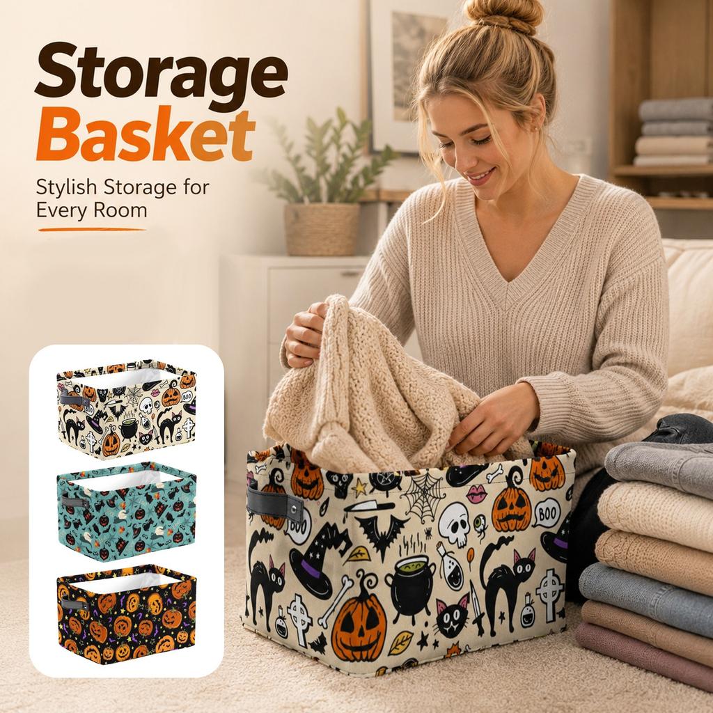 Halloween Printed Storage Basket, Large Capacity with Handles for Clothes and Pants