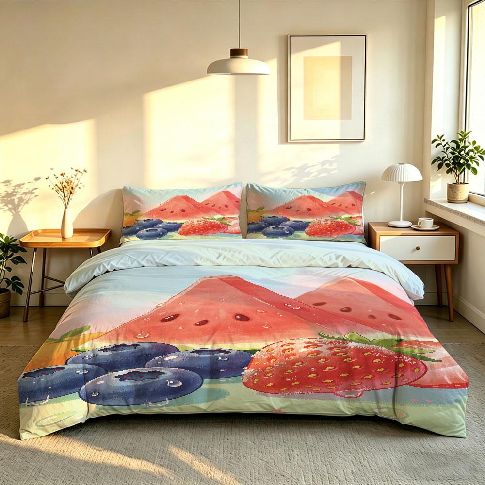 3-teiliges Sommer-Wassermelonen-Fruchtmuster Kernloses Bettbezug-Set Mehrere Größen Weiche Bequeme Bettwäsche Dekoration Maschinenwaschbar