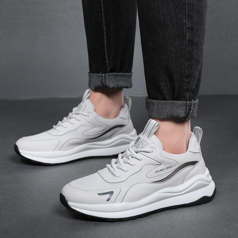 Real Leather Sports Shoes for Men Summer Mesh Breathable White Shoes Men's Versatile Thick Soled Dad Shoes