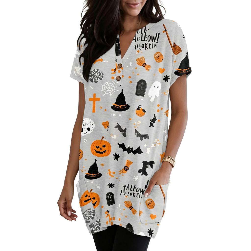 Women's V Neck Halloween Print Short Sleeve Pullover Dress with Pockets Casual Loose Fit Tunic Top