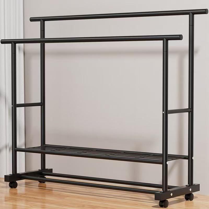 Sturdy Double Bar Wardrobe Rack for Dorms: Floor-Standing, Dual-Layer Clothes & Hat Hanger for Bedrooms and Balconies.