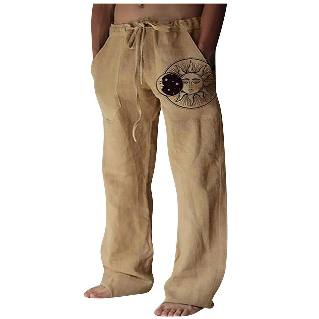 Men's Fashion Casual Loose Solid Color Comfortable Trousers Cotton Linen Printed Trousers