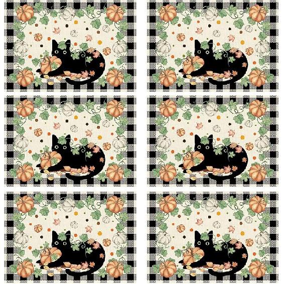 XCHI Fall Black Cat Pumpkin Plaid Placemats Set of 4 Table Mats for Party Home Kitchen Dining Table Decorations 12x18 Inch