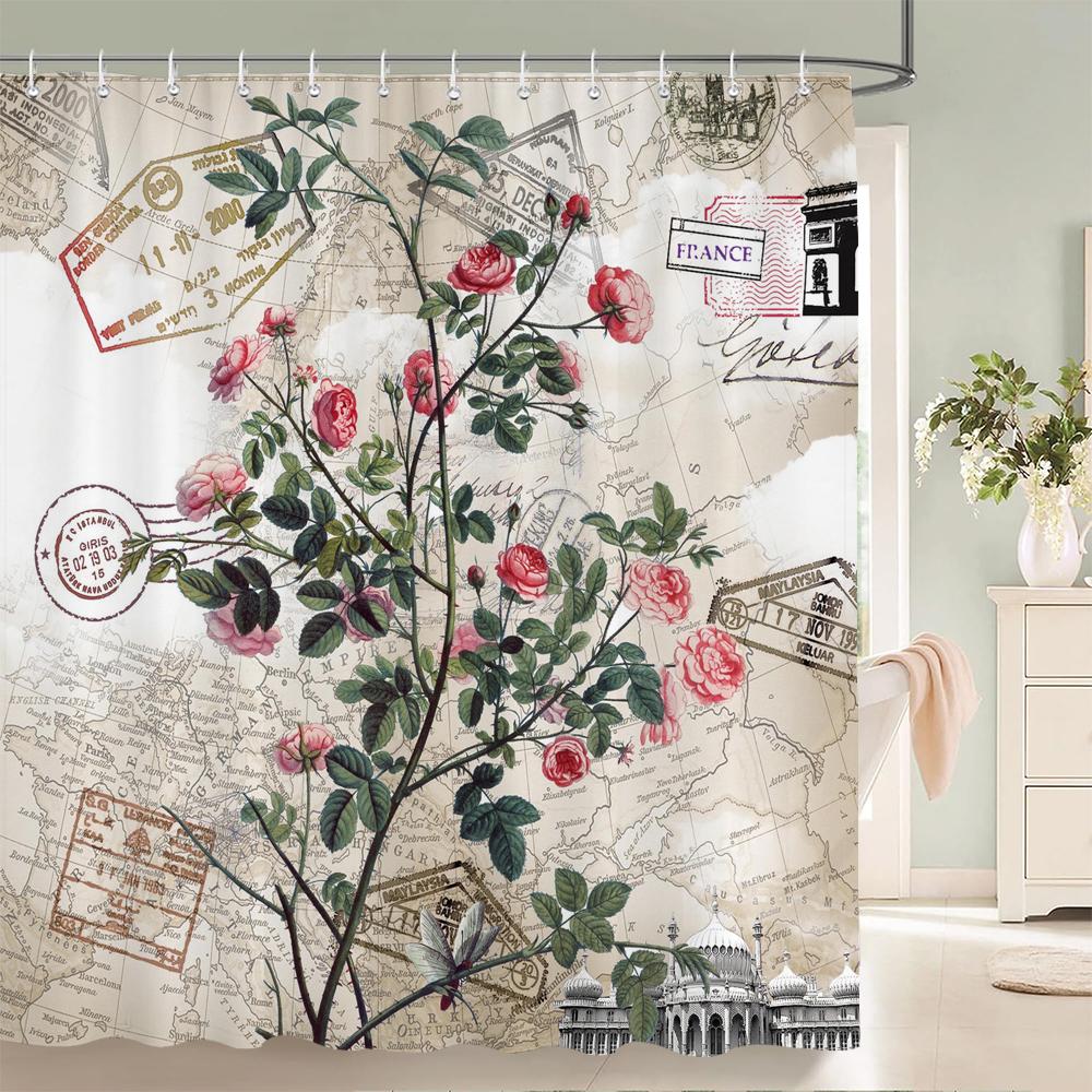 Flowers Butterfly Pattern Shower Curtains Bathroom Curtains Waterproof Polyester Bath Curtain with 12 Hooks Shower Curtain