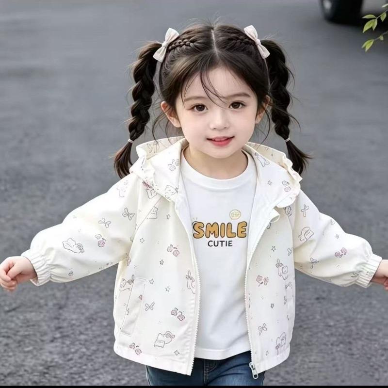Girls Spring Autumn Thin Hooded Long Sleeve Windbreaker Coat