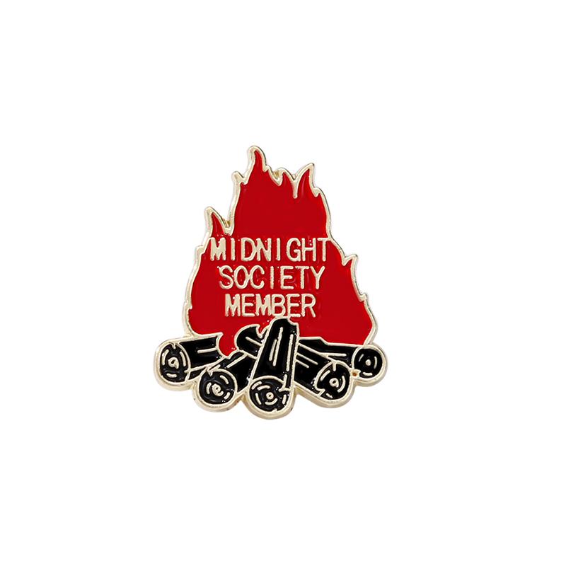 Funny Midnight Society Member Bonfire Design Enamel Brooches Women Girls Social Golden Pins Backpack Bag Clothes Badge