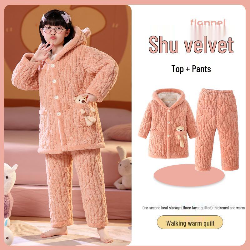 Winter Kids' Flannel Pajamas: Boys & Girls Coral Fleece, Velvet-Lined, Three-Layer Quilted Parent-Child Sleepwear