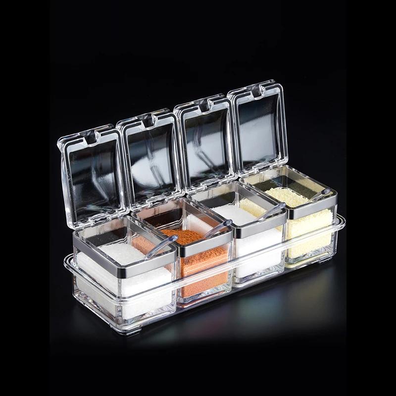 Seasoning Storage Box Removable 4/5 Clear Crystal Acrylic Kitchen Chilled Container Salt Sugar Server with Spoon Lid