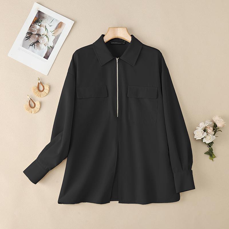 ZANZEA Women Turn Down Collar Loose Casual Long Sleeve Zipper Blouse