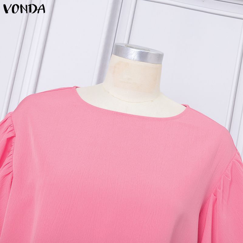 VONDA Summer Women O Neck Half Sleeve Pleating Casual Long Oversized Dress