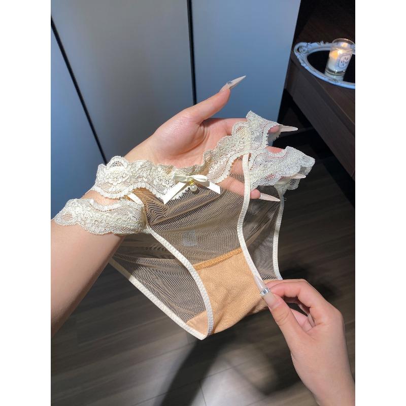 Damen Sommer Reines Süßes Netzgarn Perlen Schleife Spitze Beinring Dreieck Slip