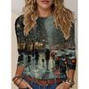 Retro Oil Painting Style Winter Night Scene Printed Top Artistic Round Neck Long Sleeve T-shirt