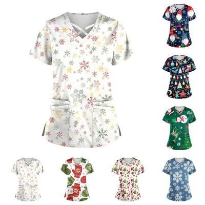 Blusa feminina de manga curta com decote em V e estampa de Natal e bolso Dry-nurse