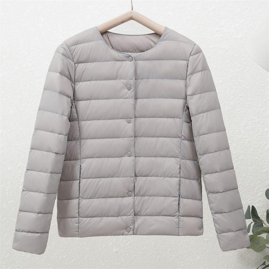 Women's 90% White Duck Down Lightweight Short Jacket - Round Neck, Solid Color, Warm and Collarless for Autumn/Winter