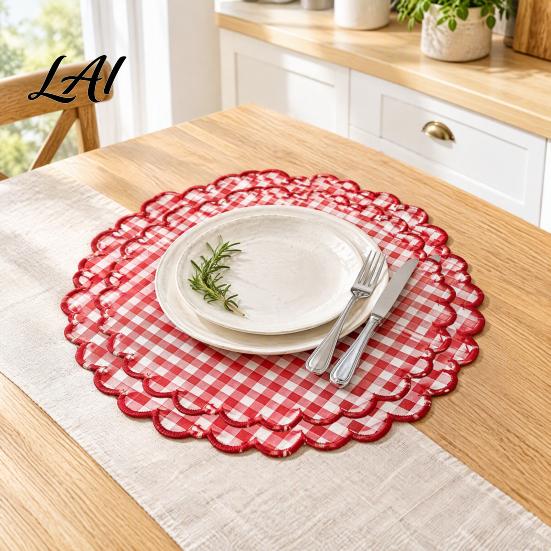 Heat Proof Mats for Dining 2Pcs Round Plaid Fabric Placemats Scalloped Tableware Coasters Resistant Plate Washable Place Table Tea Party