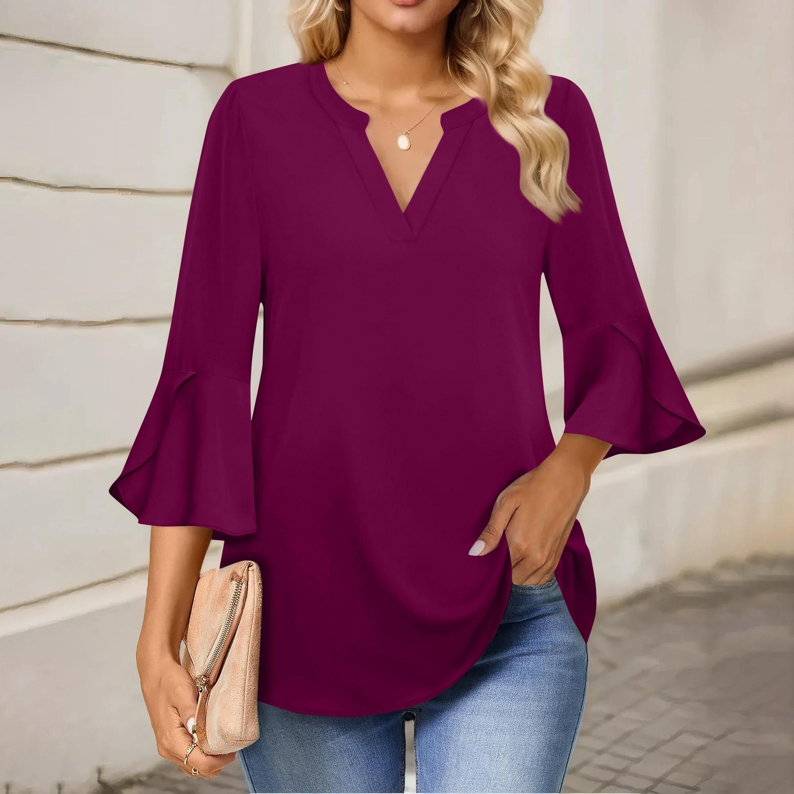 

Женская рабочая рубашка с плиссировкой и рукавом 3/4, рубашка с V-образным вырезом, повседневная рубашка с завязками на талии, деловая рубашка XXL фиолетовый
