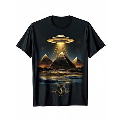 UFO Illuminates Egyptian Pyramids Graphic Tee Casual Black TShirt SciFi Alien Enthusiast Gift