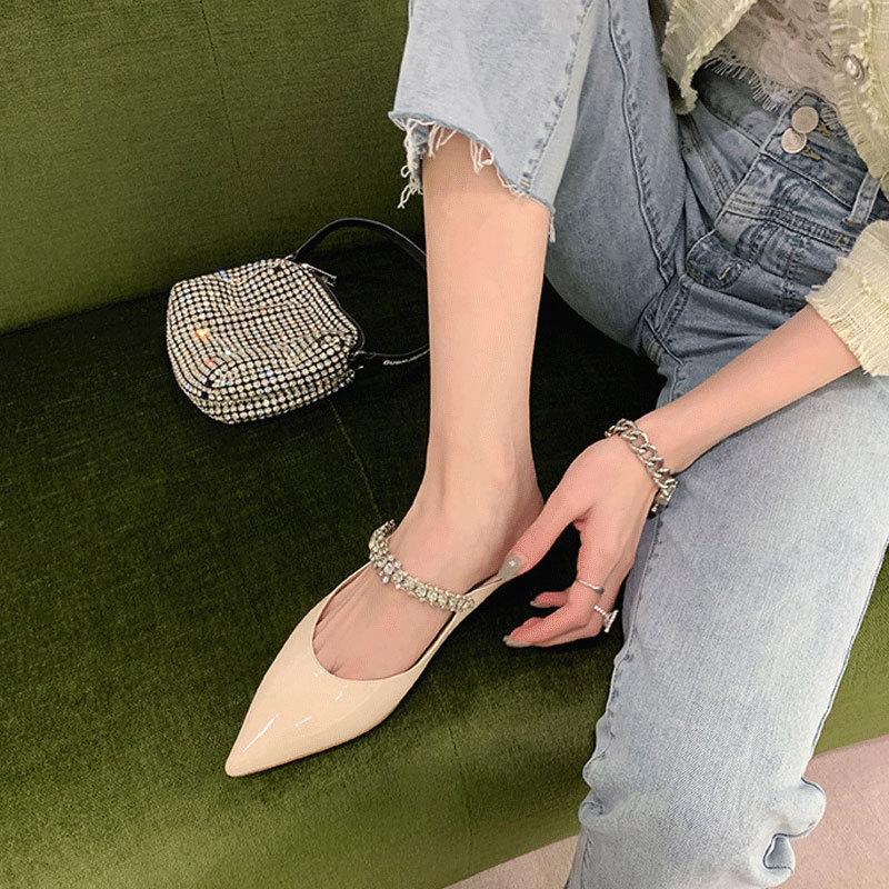 Grape Mother Same Mary Jane Single Shoes Women's Flat Summer Bag Head Pointed Rhinestone Rear Empty Cool Slippers