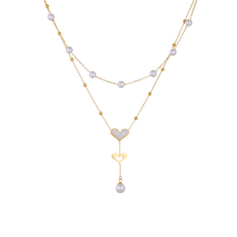 18K Gold Plated Layered Pearl Heart Pendant Necklace, Dainty Double Chain Y-Drop Lariat Choker for Women, Trendy Jewelry