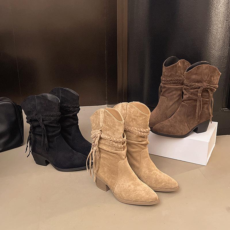 Inner heightening Wasteland Wind Martin Boots Women's 2025 New Folded Stacking Boots Tassel Coarse Heel Medium Cowboy Boots