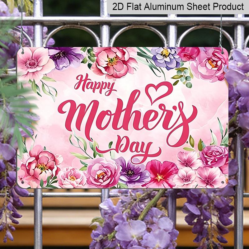 2D Flat, 1pc "Happy Mother's Day" Watercolor Floral Plaque, 12"×8" - Pink & Purple Flower Decor Sign - Aluminium Wall Hanging Decoration, Mother's