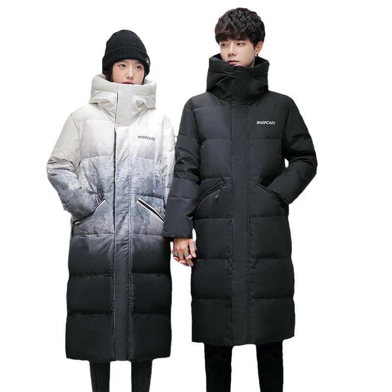 Unisex Gradient Long Puffer Jacket Hooded Casual Winter Coat