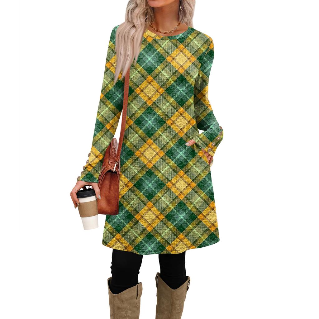 Rochie Casual de Damă la Modă cu Buzunare, Nasturi Decorativi, Gât Rotund și Mâneci Lungi