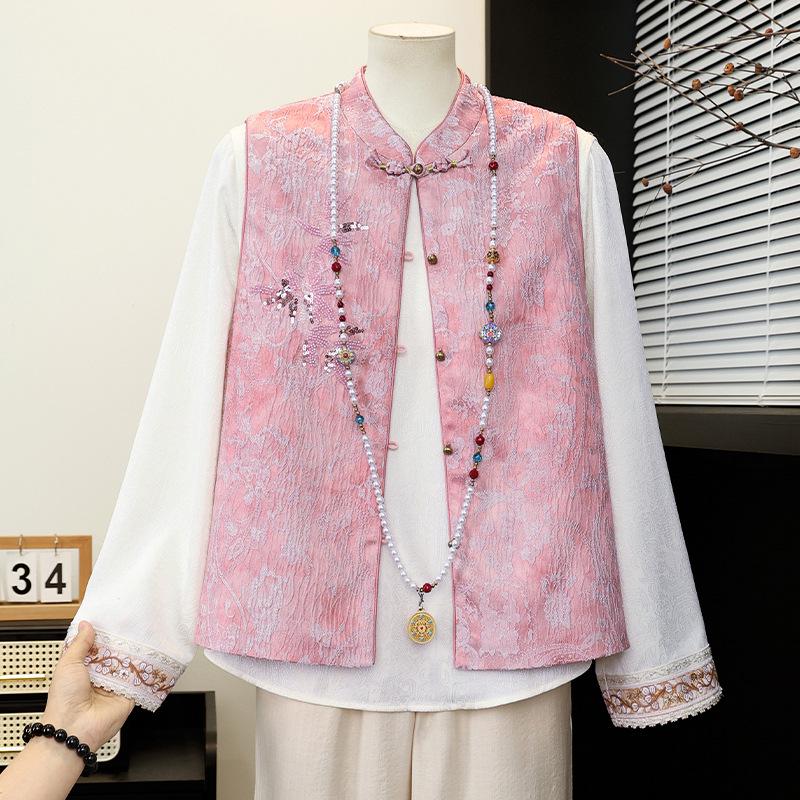 

2026 Chinese National Style Spring Vest for Moms: Women s Spring/Autumn Middle-Aged and Elderly Waistcoat XL (85-100 jin)
