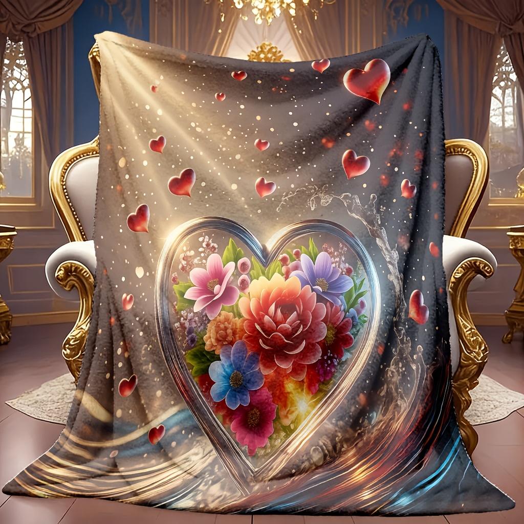 Cozy Fleece Blanket Featuring a Floral Heart Design with a High-Definition Digital Print. Ideal for All Seasons, This Soft And Breathable 100% Polyest