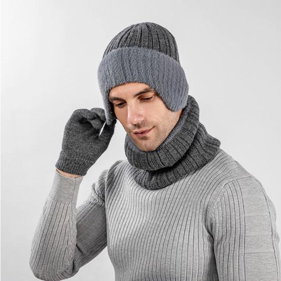 3-teiliges/Set Unisex Hut Schal Handschuhe Set Ohrenklappen Design Einfarbig Beanie Mütze Thermisch Plüsch