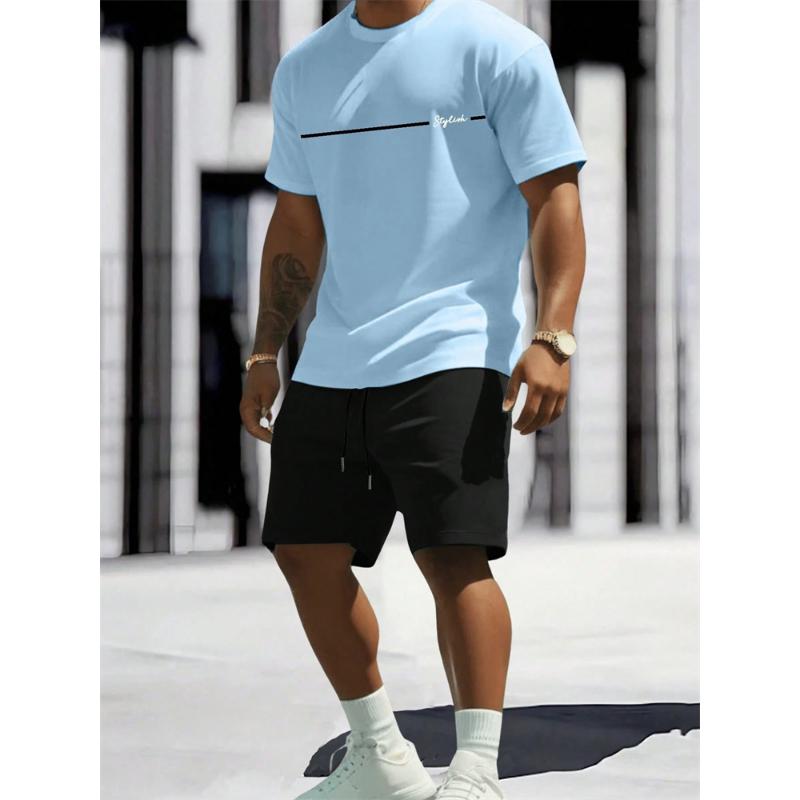 Męski Letni Zestaw Krótkich Spodenek z Krótkim Rękawem z Nadrukiem Krzyża Casualowy Modny Temperament 2-częściowy Streetowy Sesja Wakacyjny Zestaw T-shirtu z Okrągłym Dekoltem