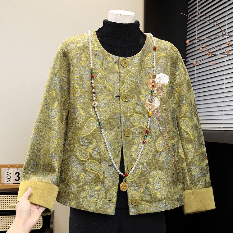 

Chinese Style Floral Round Neck Jacket for Middle-aged Moms - 2026 Spring Fashion Collection 4XL fits 68-75 kg