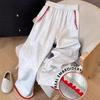 Women Pants Elastic High Waist Pure Color Long Trousers with Pockets Red Zigzag Embroidery Contrast Color Leisure Sport Pants