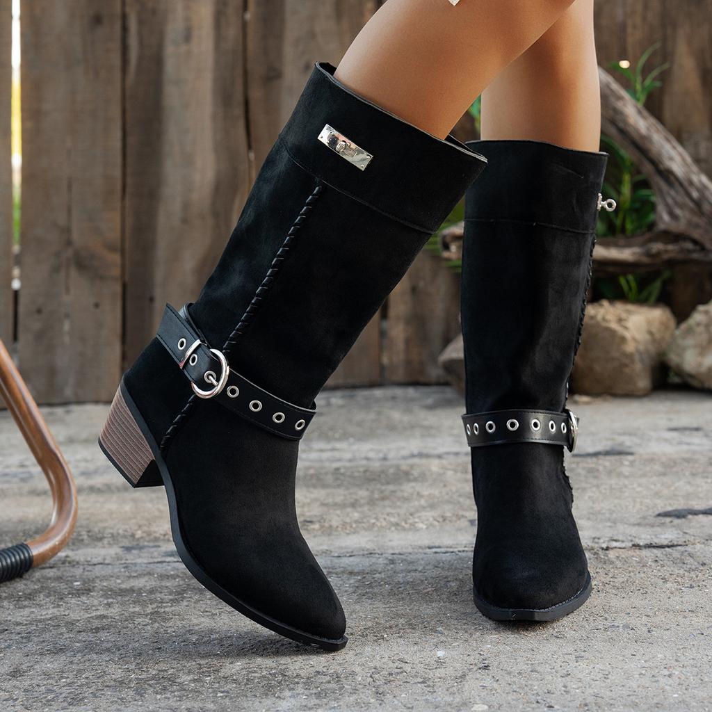 Winter new sleeve suede belt buckle northwest wind two wear pile boots retro pointed knight boots travel