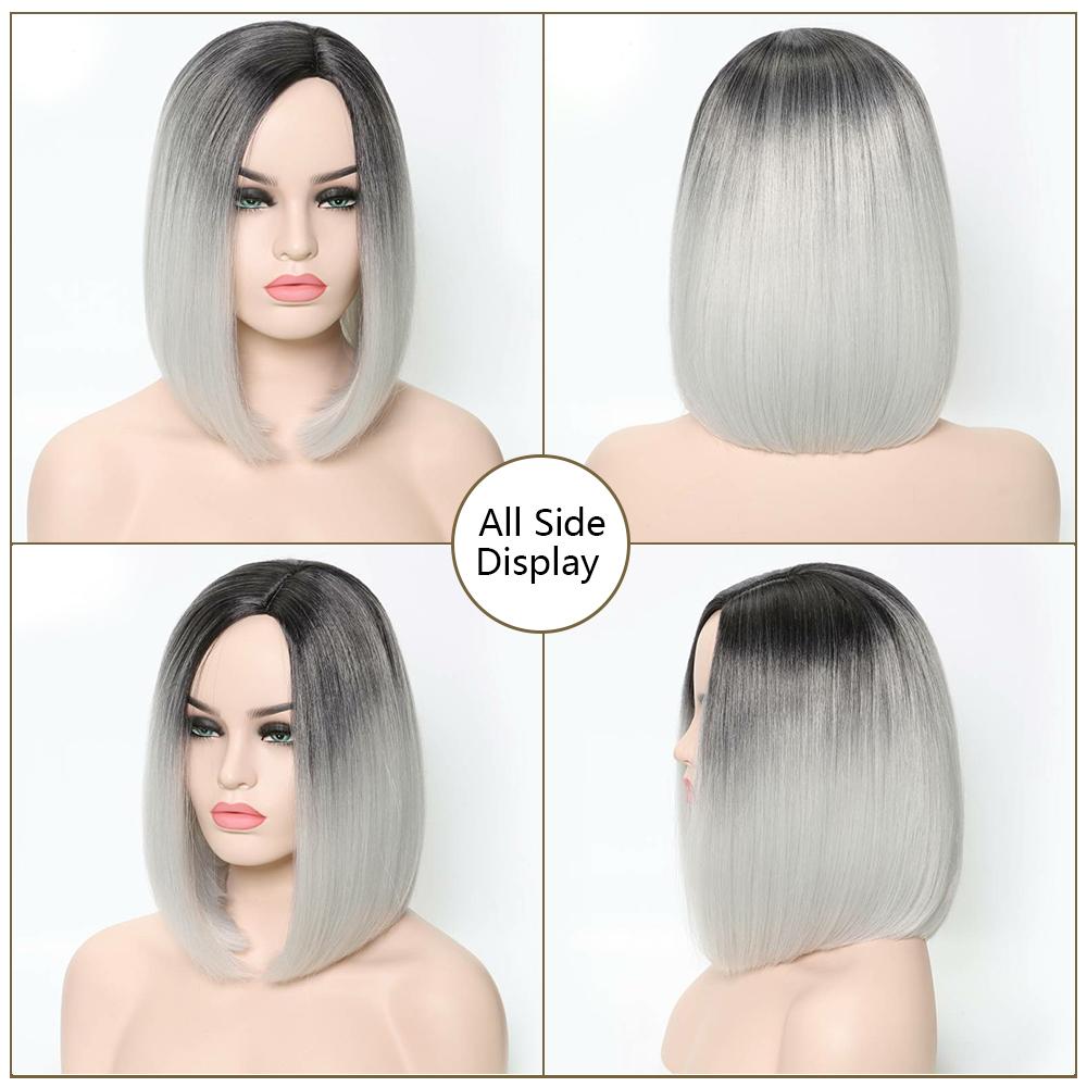 Synthetische kurze Ombre-Perücke von dunkler Wurzel bis Weinrot, gerade, 34 cm, Bob-Haarperücke für Frauen, natürlich aussehend, für den täglichen Gebrauch oder als Cosplay-Perücke