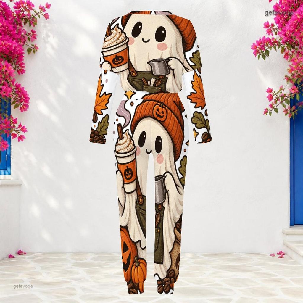 Women Plus Size Round Neck Long Sleeve Cat Printed Cuffed Top And Pants Two Piece Set