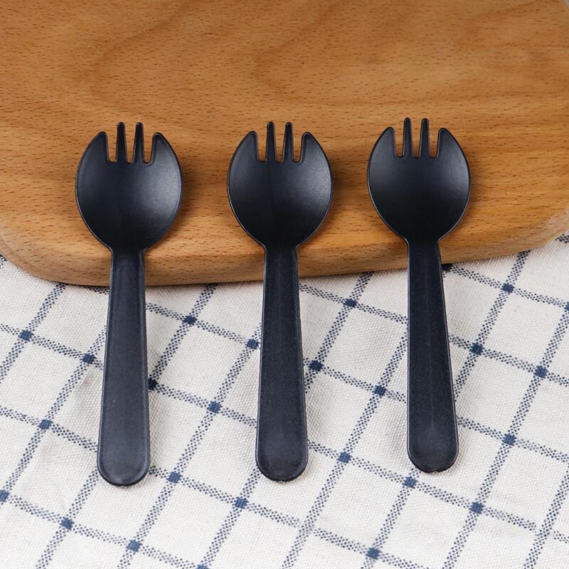 Jianaishenghuo Disposable Fruit Forks And Spoons, 100 Individually Wrapped, Thickened Cake Dessert Forks, Takeout Fast Food, Frosted Black