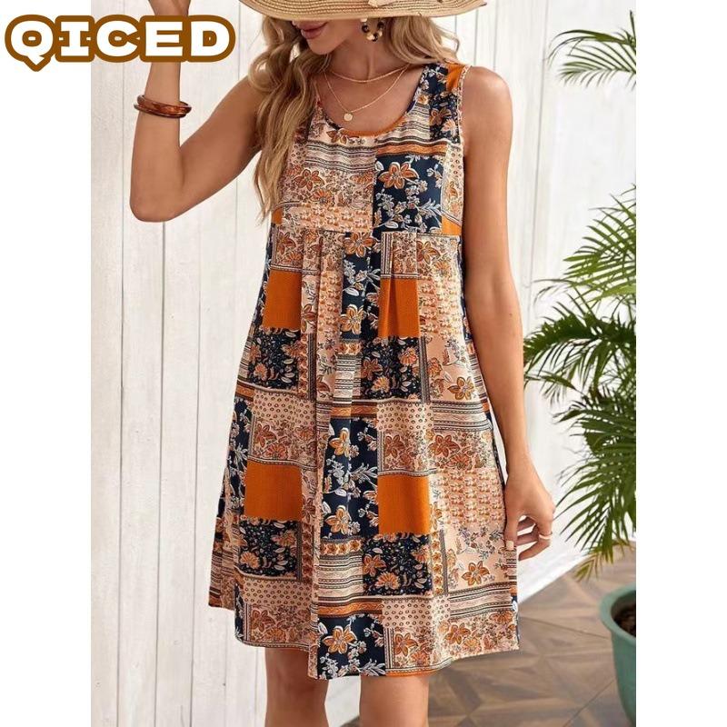 QICED Fashion Summer Spring Sleeveless O-Neck Casual Dresses