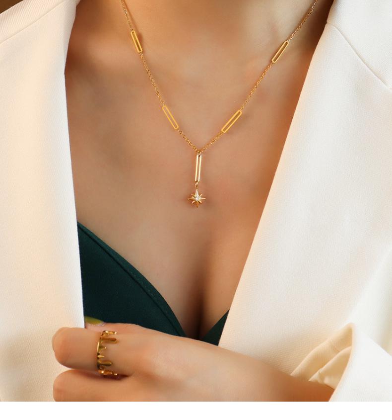 European Eight-Pointed Star Zircon Pendant Necklace, 18K Gold-Plated Titanium Steel with Tassel Lock Design for Women