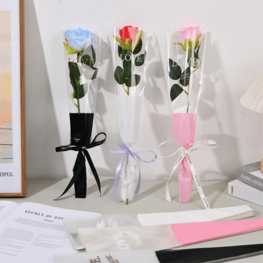 50Pcs Transparent Flower Packaging Bag Love Single Rose Sleeves Creative Bouquet Wrapper  Wedding