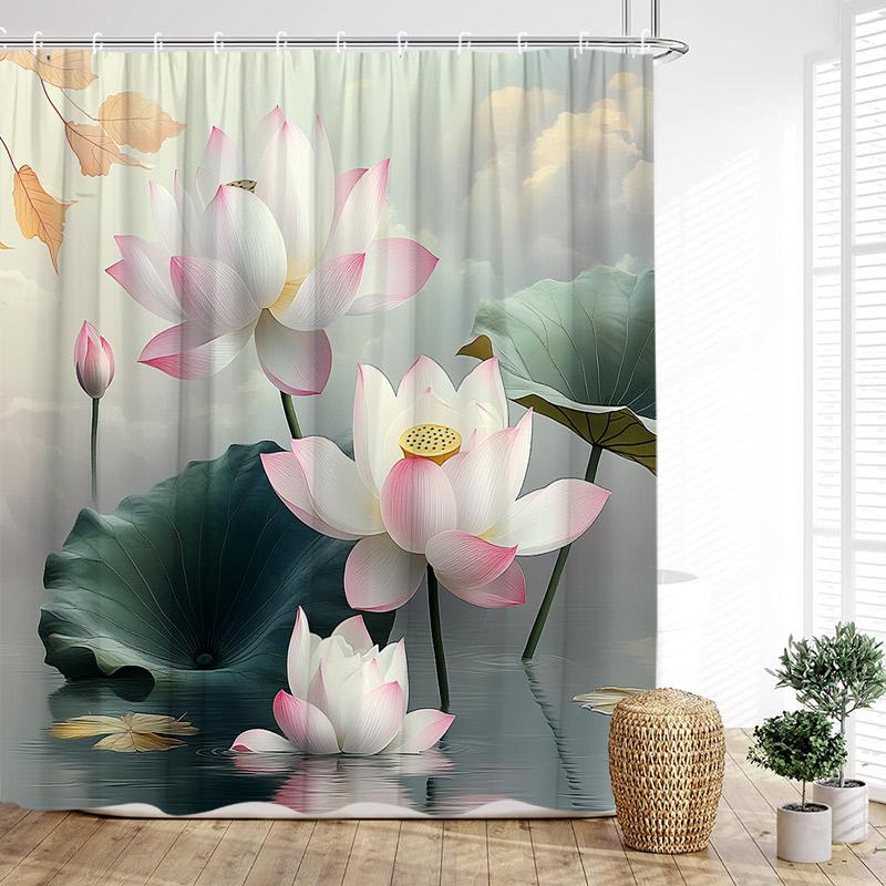 Lotusblommor Duschdraperi Naturliga Gröna Blad Växt Floral Kinesisk Stil Badgardiner Tyg Hem Badrumsinredning med Krokar