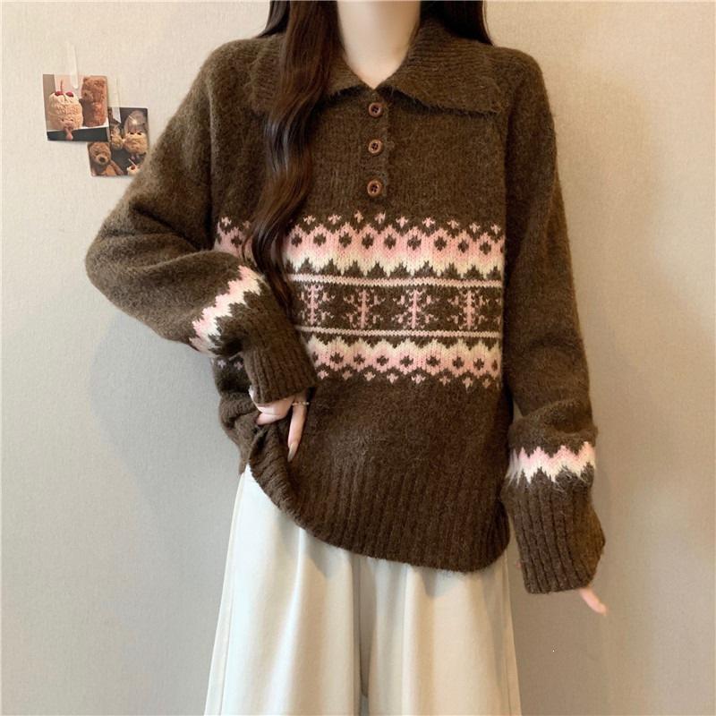 New Color-Block Fair Isle Polo Collar Sweater - Spring/Autumn Loose Knitted Pullover for Women