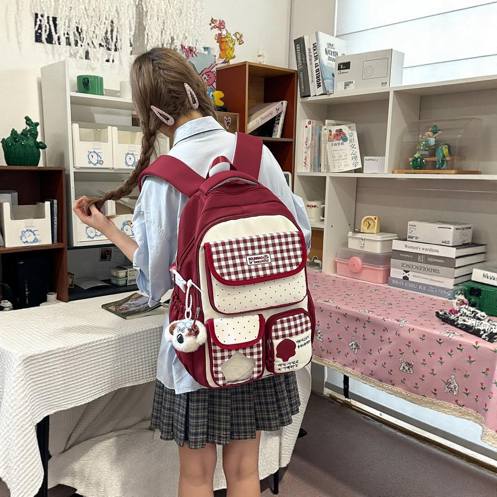 Schoolbag Cute Plaid Backpack Fifth and Sixth Grade Female Student School Bag Large Capacity Lightweight Backpack Middle School Campus Backpack