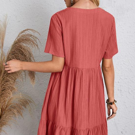Summer Dress for Women Short Sleeve Pleated V Neck Dress Tiered Swing A Line Dress Casual Flowy Beach