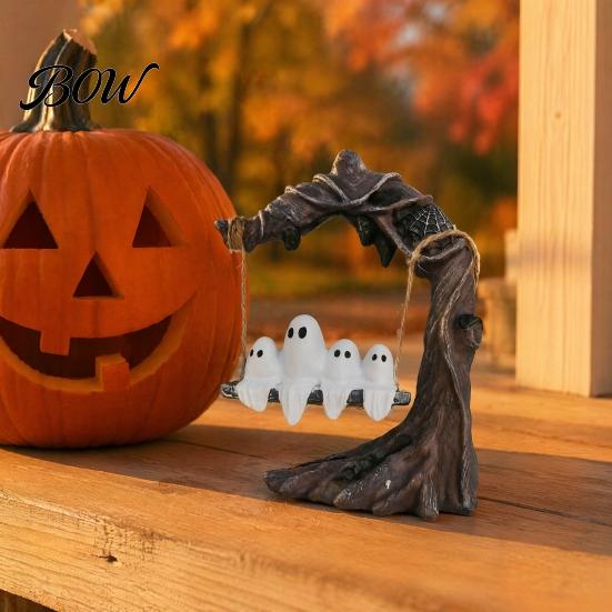 Weather-Resistant Garden Ornament Ghost On Tree Swing Halloween Decor, Resin Spooky Figurine with Vintage Whimsical Home Furnishings Base, Festive
