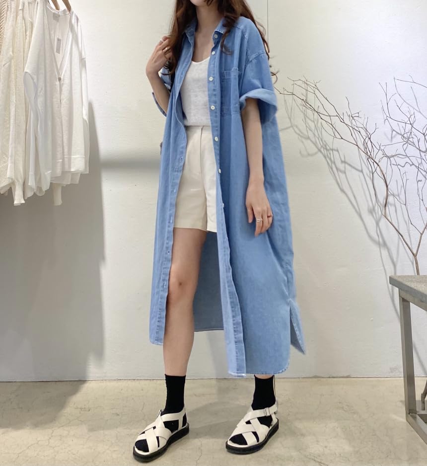 JINJUDUO Denim Slimming Loose Office Long Shirt Short Size M Women's Dress, Cotton, Silhouette, & Casual, Spring, Summer, Fall, Dress, Collar,