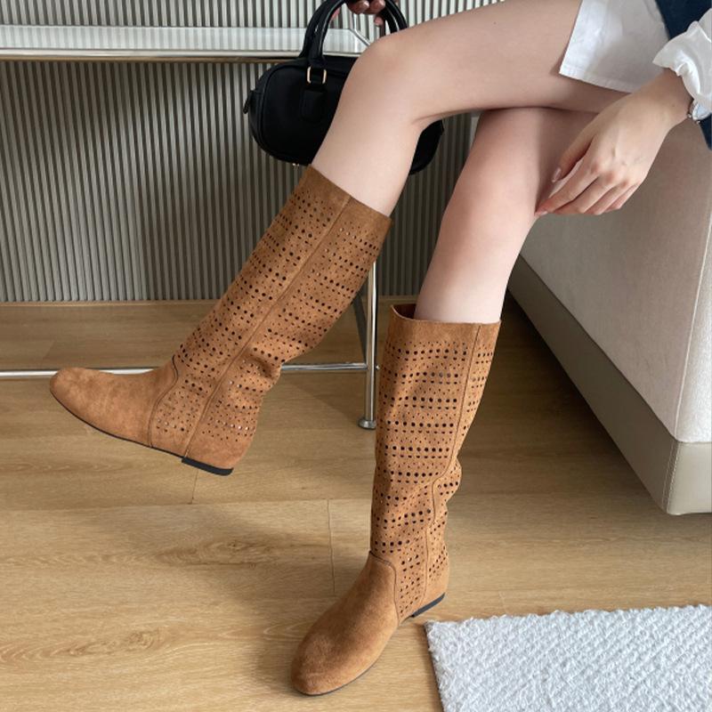Herbst hohe Röhrenmode Stiefel hoher Absatz hohl innere Höhenerhöhung dicker Absatz runde Spitze Samt einzelne Röhre Stiefel