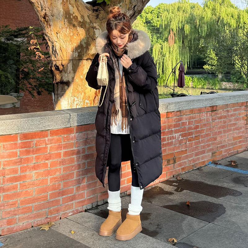 

Pinghu down jacket women s winter 2025 new high-end sweet white duck down horn buckle thickened warm long coat M