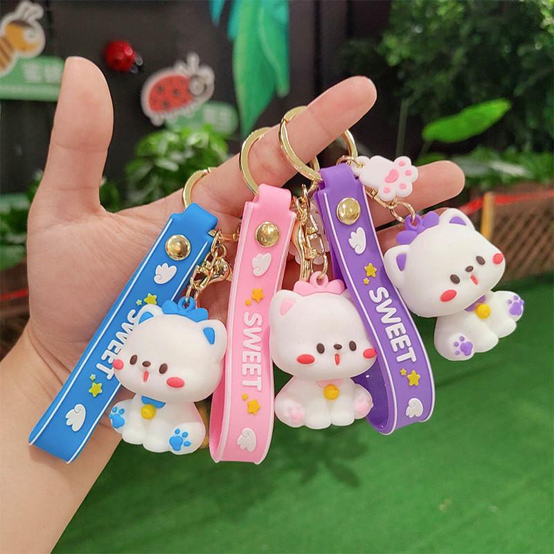 Adorable Cartoon Silicone Keychain Trinket Cute Cat Wolf Keyring For Gifting