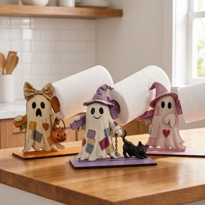 Vintage Patch Ghost Wooden Towel Holder Cute Witch Ghost Standing Halloween Ghost Roll Holder Pumpkin Bucket 2D Flat